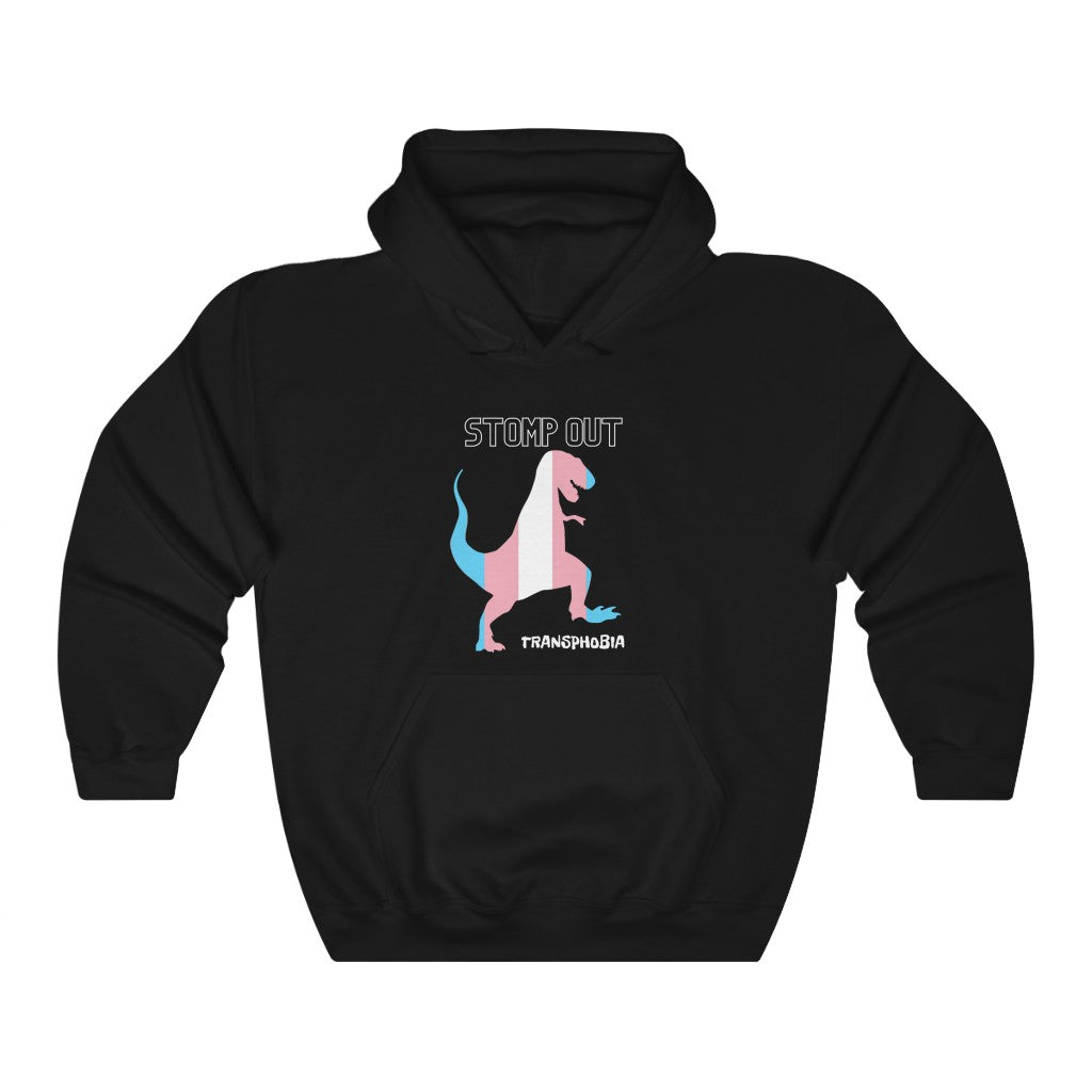 Stomp Out Transphobia T-Rex Unisex Heavy Blend™ Hooded Sweatshirt - Fossil Daddy