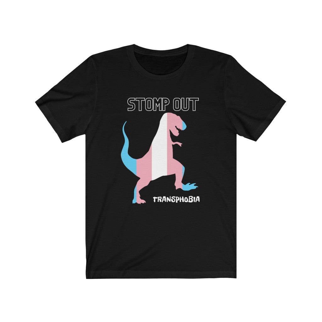 Stomp Out Transphobia T-Rex Unisex Jersey Short Sleeve Tee - Fossil Daddy
