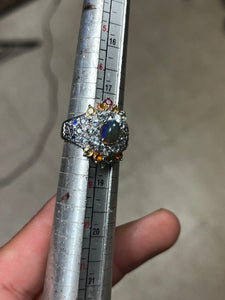 Size 8 Multi Gem Ring, Black Opal, multi- Colored sapphire, & aquamarine 14 white gold over 925 Silver