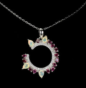 Beautiful Opal & Rhodolite 18” Necklace, 14k white Gold over 925 Silver