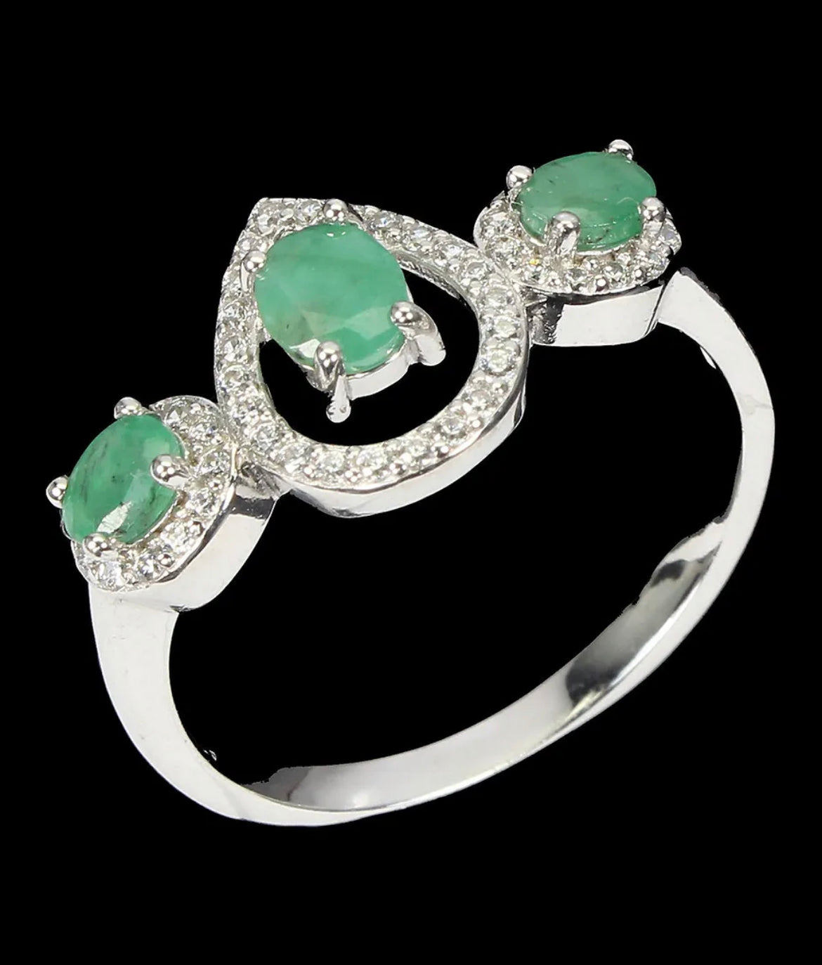 Natural Green Emerald & Synthetic Cz, 14k white gold over 925 Sterling Silver Ring, Size 9