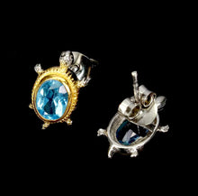 Irritated Oval Swiss Blue Topaz, 14k Gold over 925 Sterling Silver Turtle Earrings