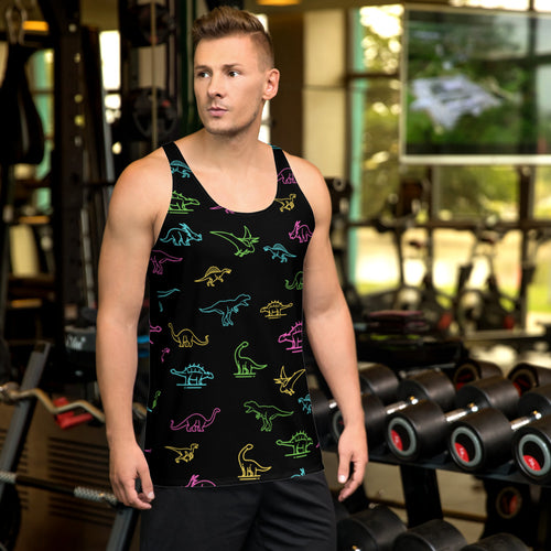 Neon Dinosaurs, Hand Sewn All-Over-Print Fabric, Unisex Rave Tank Top - Fossil Daddy